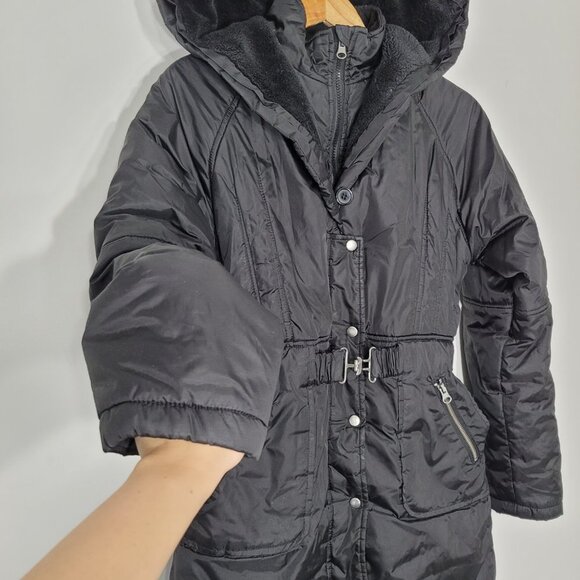 Folia Black Belted Classic Puffer Jacket Lined Hooded Winter Pockets Coat Office - Picture 2 of 16